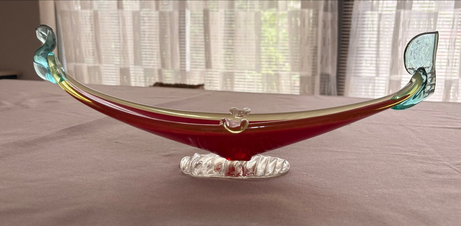 Vintage Murano Glazen Gondel - Rood met Groene Accent, Ophalen of Verzenden