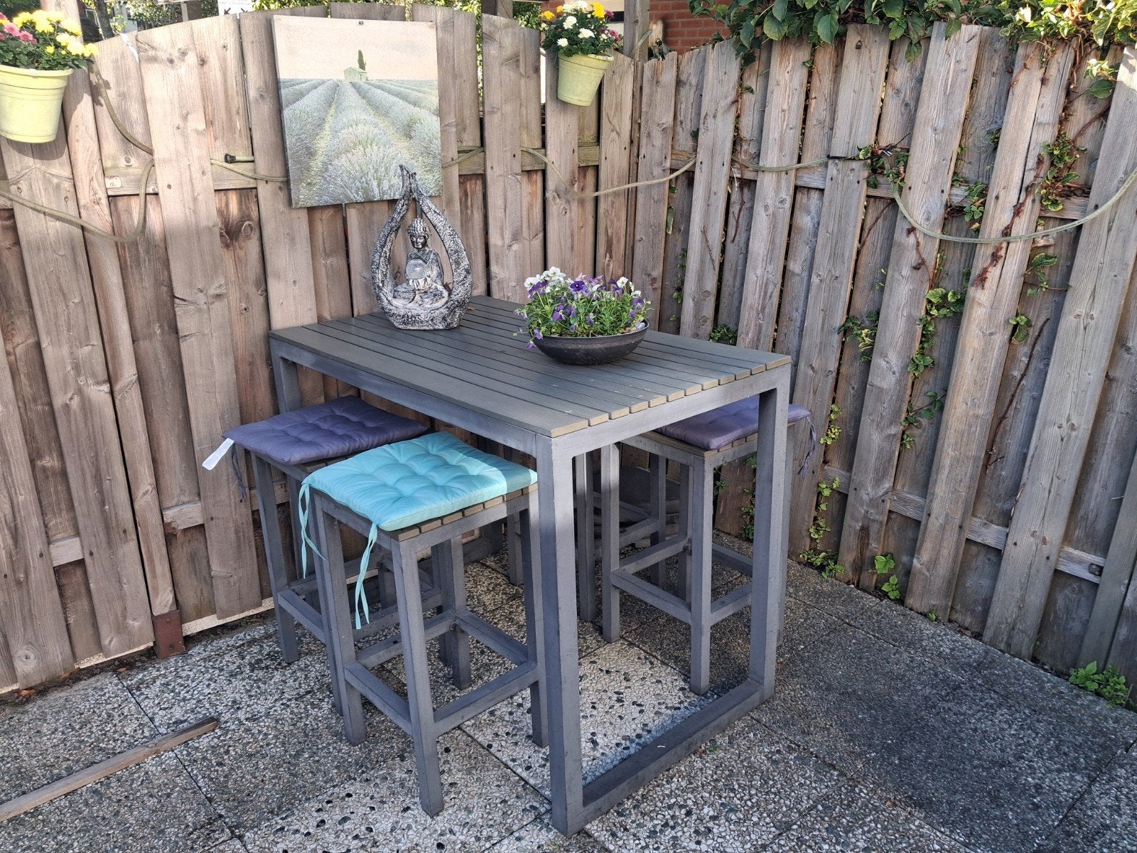 Buiten bartafel met 4 barkrukken, Tuin en Terras, Ophalen, Gebruikt, Rechthoekig, Aluminium