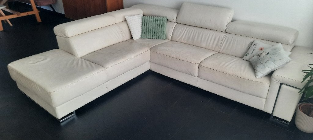 Leren hoekbank crème, chaise longue, hoofdsteunen, Ophalen, Gebruikt, Leer