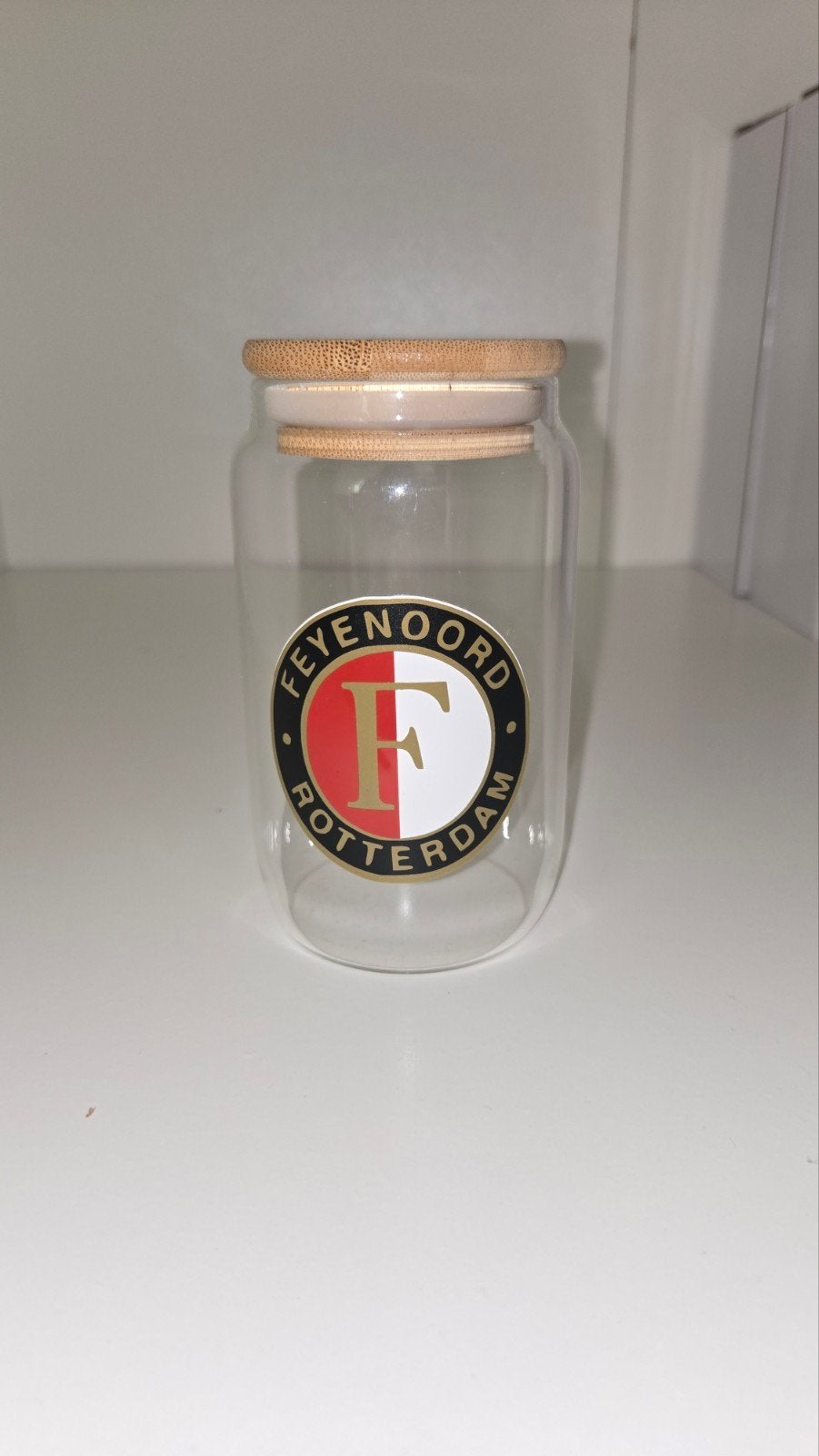 Feyenoord glazen beker met bamboe deksel, Ophalen of Verzenden, Nieuw, Meerkleurig, Glas