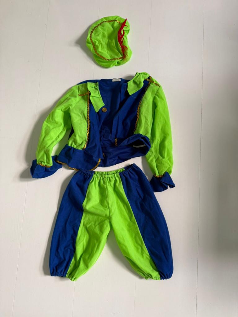 Leuk blauw/groen pieten verkleedpak maat 134-140, Ophalen of Verzenden, Zo goed als nieuw, 134 t/m 140, Jongen of Meisje