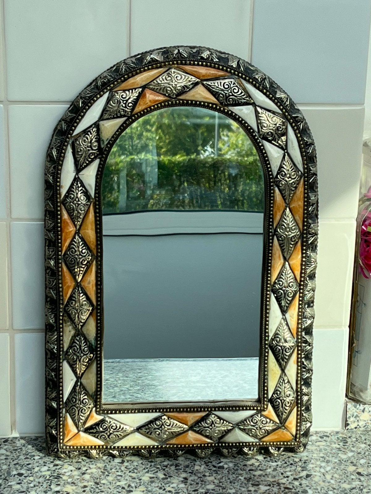 Marokkaanse handgemaakte boogspiegel, Huis en Inrichting, Minder dan 50 cm, Ophalen of Verzenden, Zo goed als nieuw, Minder dan 100 cm