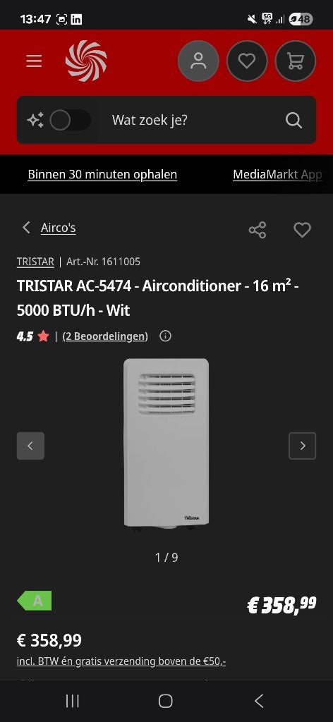 Tristar AC-5474 Mobiele Airconditioner - Wit, Ophalen, Afstandsbediening, Minder dan 60 m³, 3 snelheden of meer