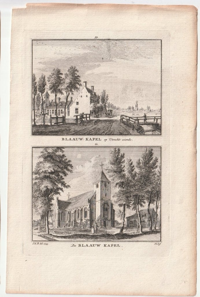 Blaauw Kapel gravure Spilman 2 afbeeldingen ca. 1750, Verzenden, Gravure, Dubbele gravure, 1700 - 1799