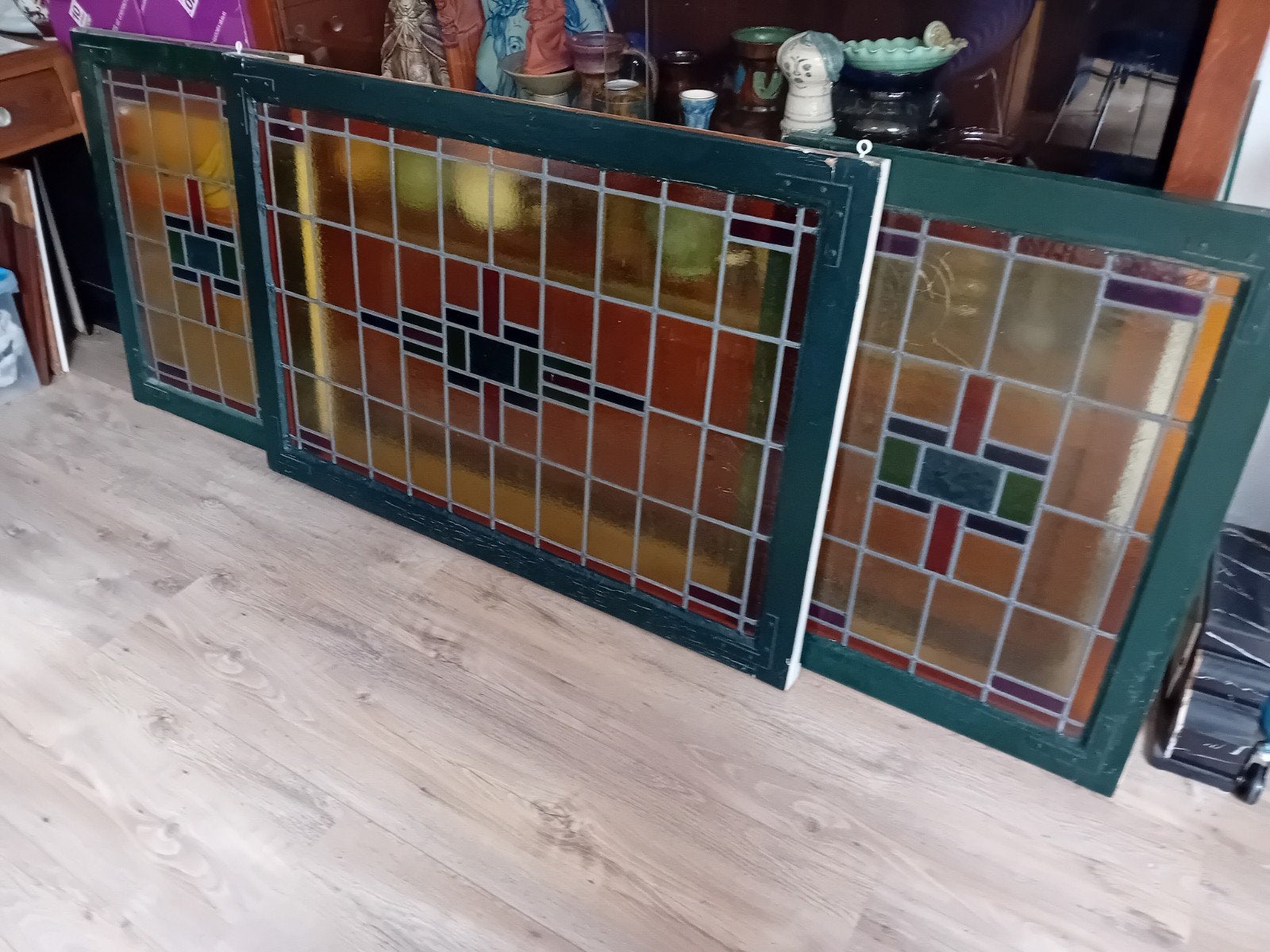 Set mooie antieke Art Deco / jaren 30 glas in lood ramen, Ophalen, Gevelraam of Ruit, Gebruikt, 160 cm of meer