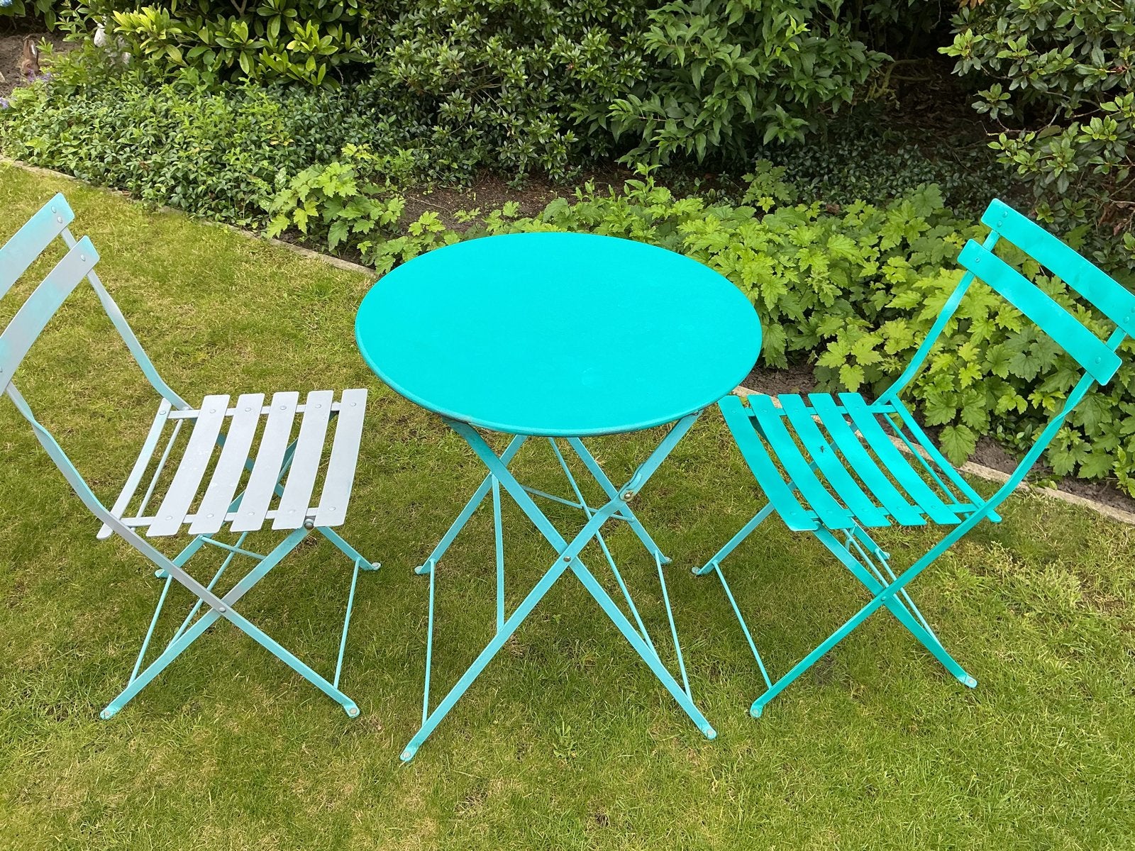 Metalen bistro setje - turquoise, Tuin en Terras, Overige materialen, Gebruikt, Eettafel, Tuinset