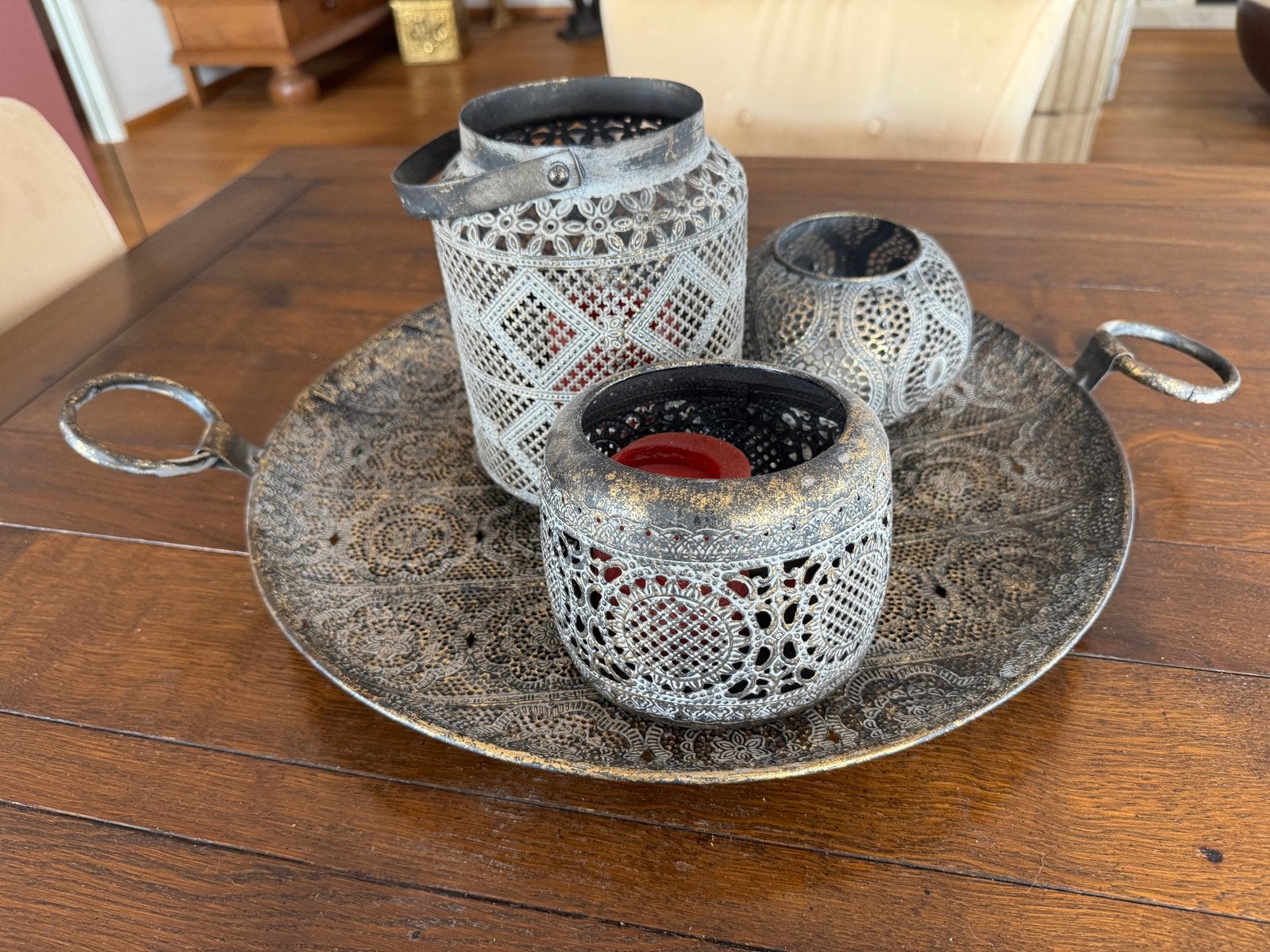 Decoratieve set: dienblad met windlichten/waxinelichthouders, Huis en Inrichting, Woonaccessoires | Kandelaars en Kaarsen, Ophalen