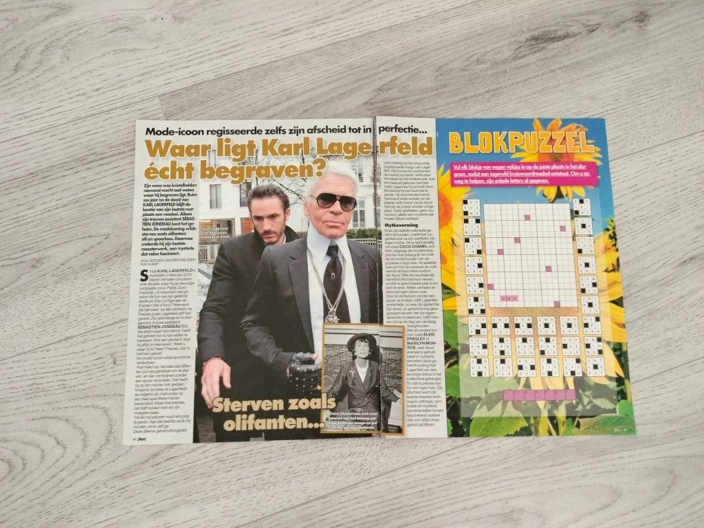 Karl Lagerfeld 2-pagina tellend artikel Privé tijdschrift, Verzamelen, Verzenden, Gebruikt, Boek, Tijdschrift of Artikel