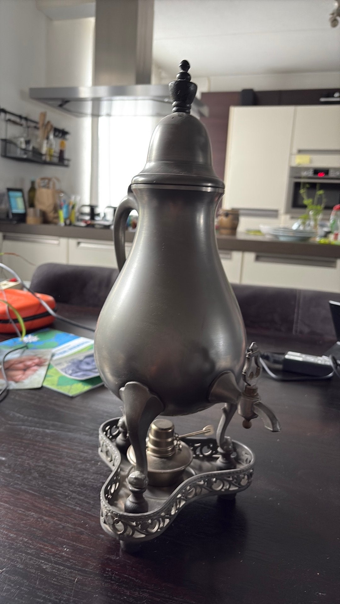 Tinnen koffiekan met brander, Antiek en Kunst, Ophalen
