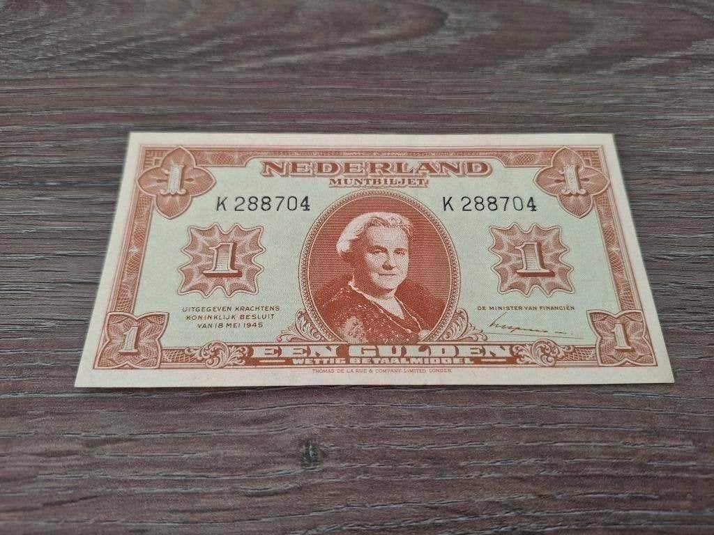 Bijna UNC biljet 1 gulden 1945, 1-lettervariant, K-serie, Ophalen of Verzenden, 25 gulden
