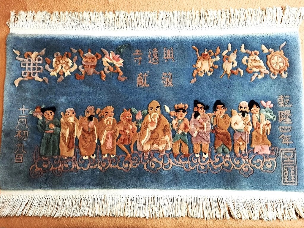 Chinees oude handgeknoopt wandtapijt(Eight Immortals)140x80, 100 tot 150 cm, Zo goed als nieuw, Crème, Rechthoekig