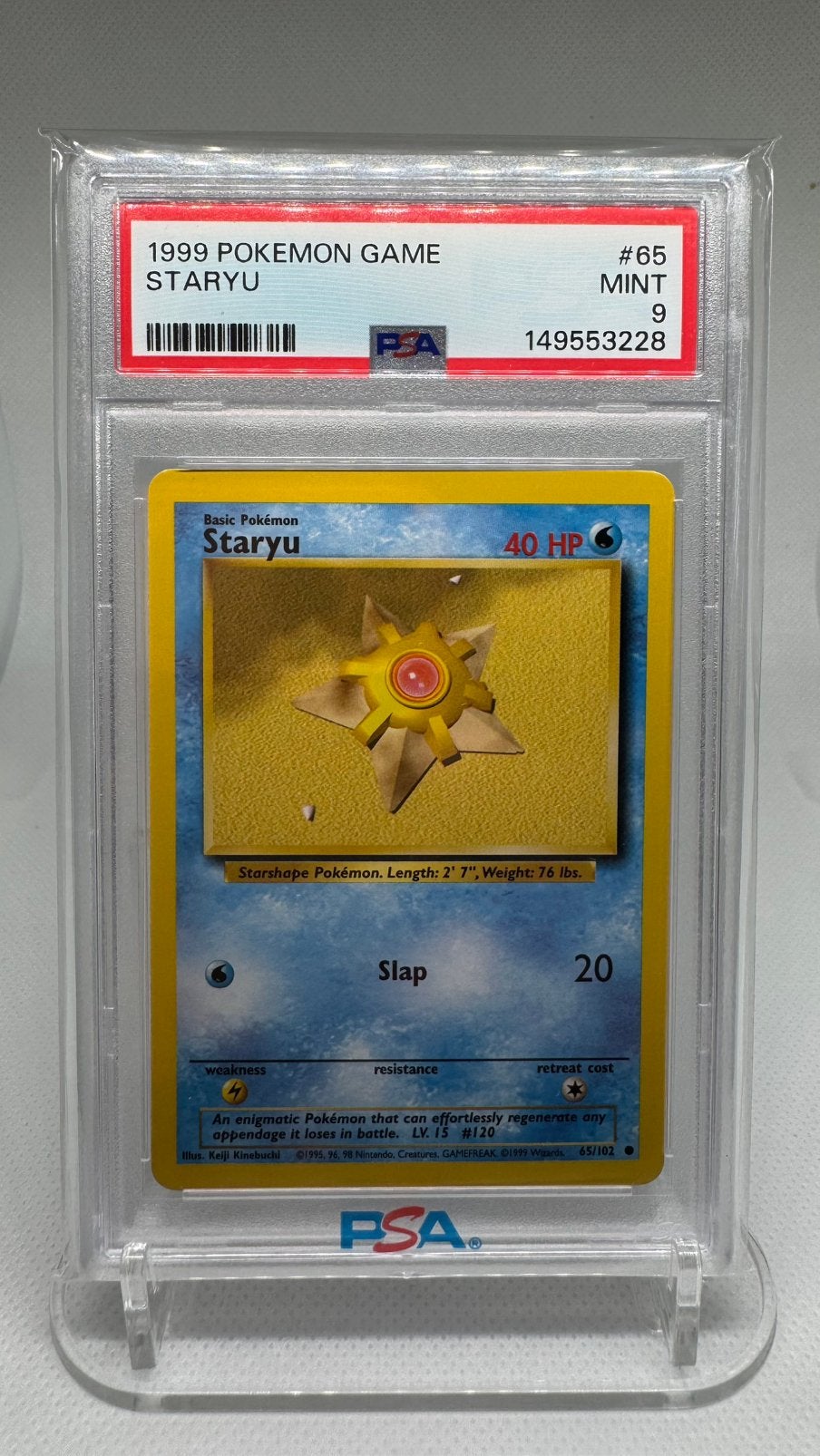 Staryu 65/102 1999 Base set PSA 9 Slab, Hobby en Vrije tijd, Verzamelkaartspellen | Pokémon, Ophalen of Verzenden, Zo goed als nieuw