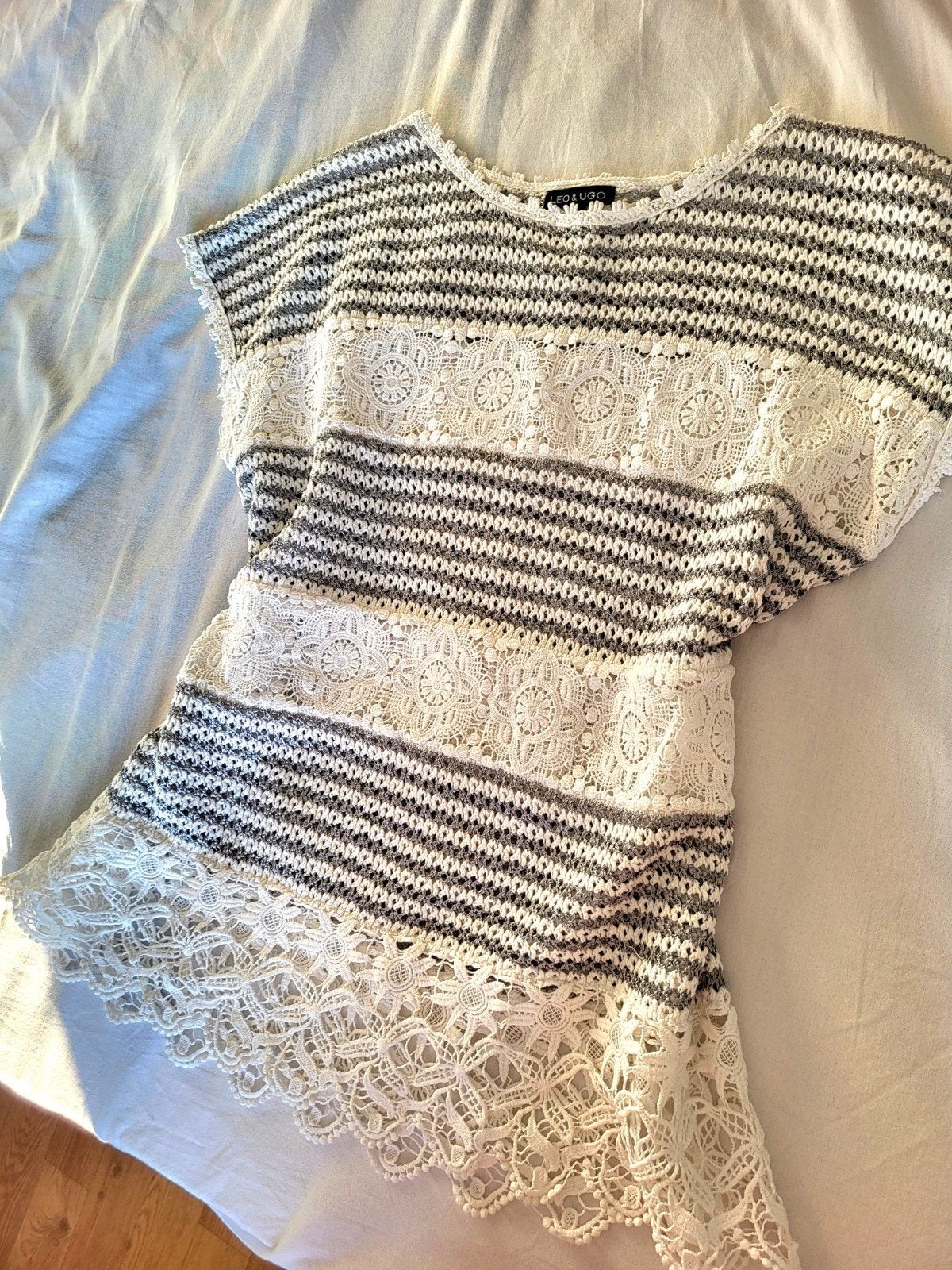 Boho gestreepte dames top met kant - 85% Katoen, Leo & Ugo, Maat 42/44 (L), Ophalen of Verzenden, Zo goed als nieuw