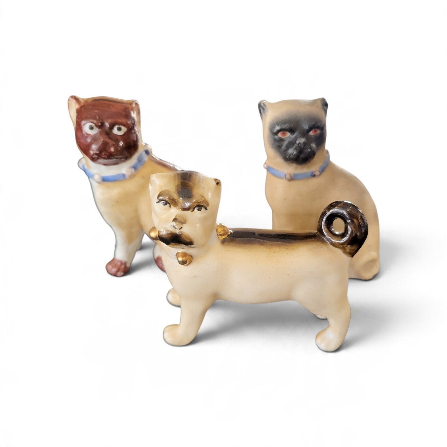 Set van 3 antieke porseleinen mopshondjes/pugdogs, Ophalen of Verzenden