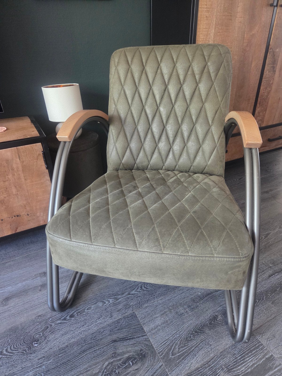 Industriële fauteuil Ivy eco-leer olijfgroen, Ophalen, Minder dan 75 cm, Leer, Zo goed als nieuw