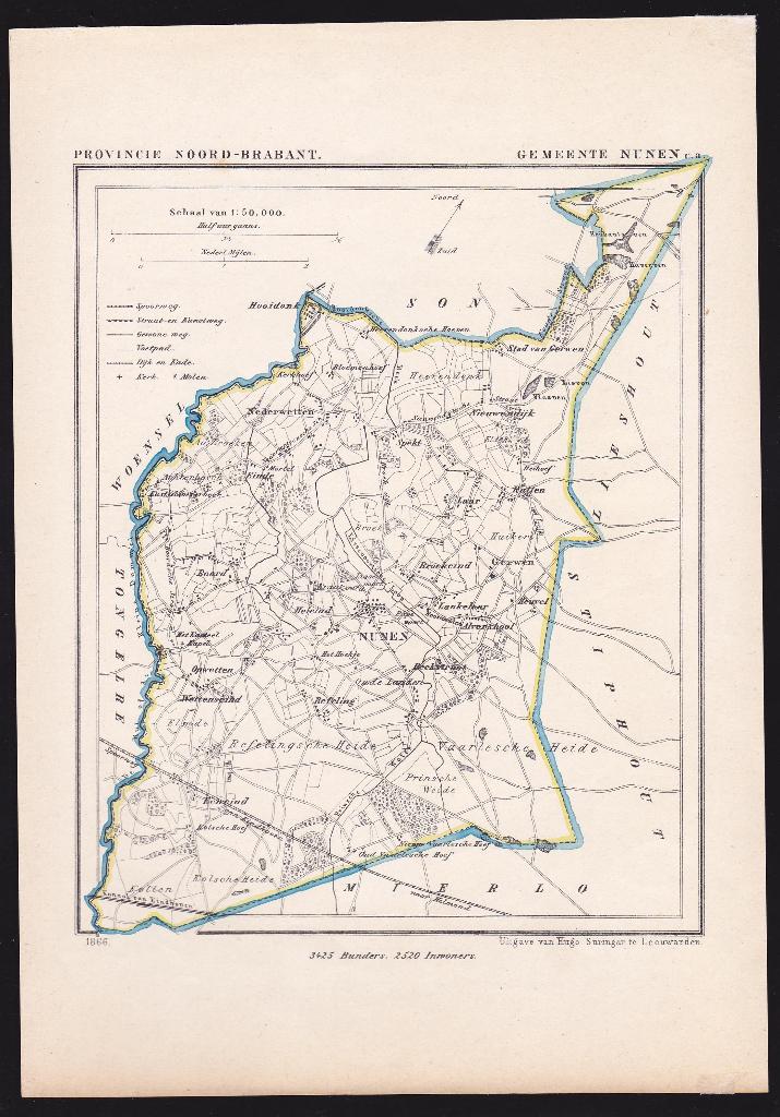 origineel, net Kuyperkaartje van de gemeente Nuenen ca, 1866, Gelezen, Ophalen of Verzenden, Landkaart, Jacob Kuyper