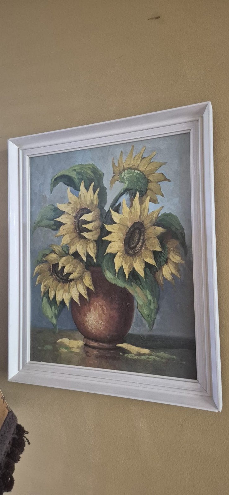 Schilderij zonnebloemen in vaas 59 x 48 cm, Ophalen of Verzenden