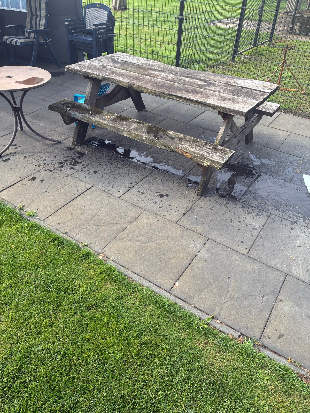 Robuuste eiken picknicktafel met 2 losse banken, Ophalen, Gebruikt, Rechthoekig, Hout