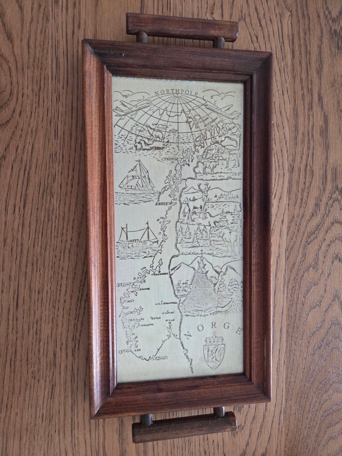 Vintage Antiek Serveerblad Noorwegen Hout en Tin, Ophalen of Verzenden