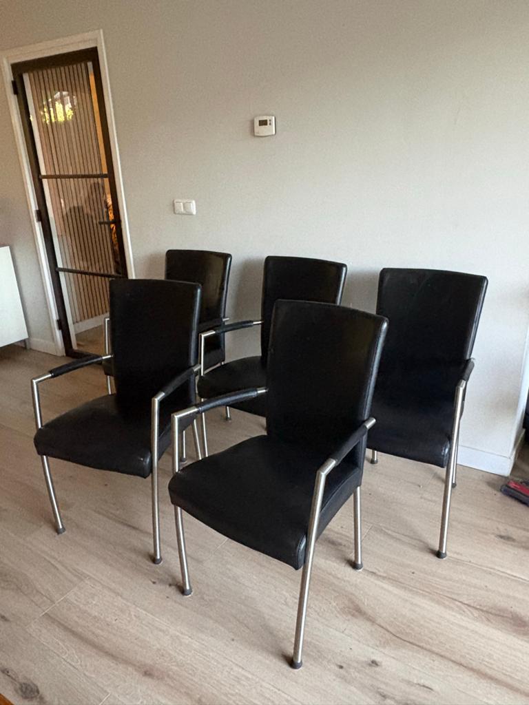 Set van 6 zwarte eetkamerstoelen met armleuningen, Huis en Inrichting, Stoelen, Ophalen, Gebruikt, Zwart, Leer