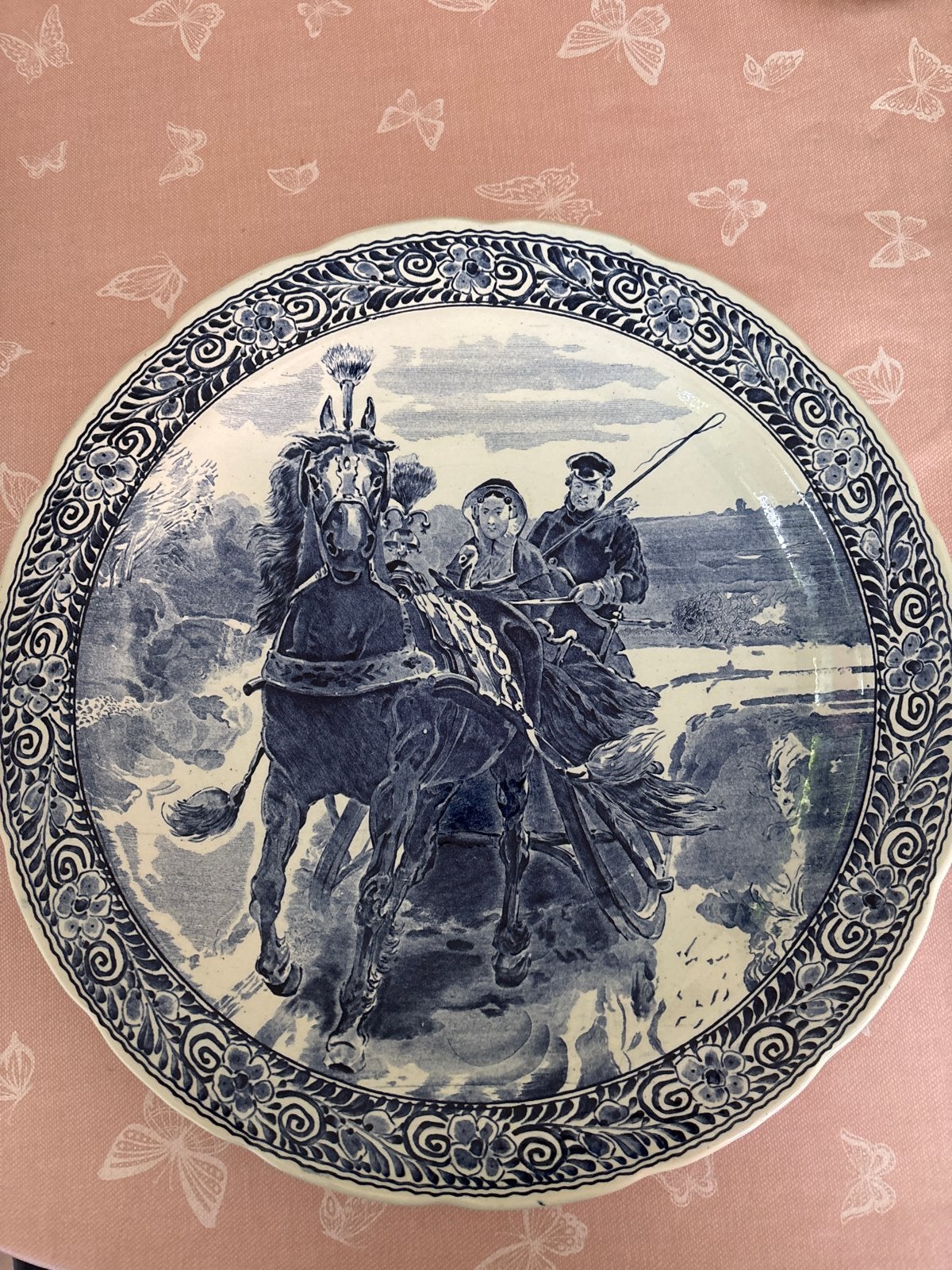 Antiek Delfts Blauw Wandbord - Koets met Paarden, Ophalen of Verzenden