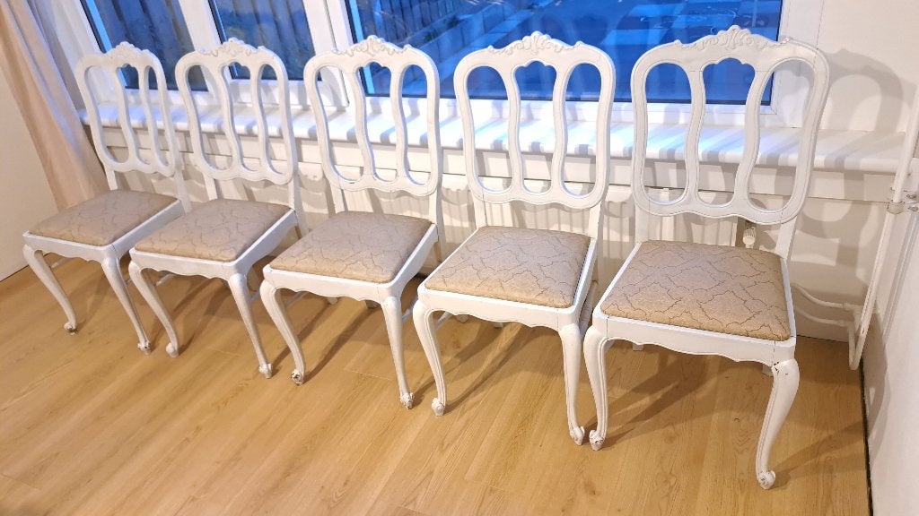 5 brocante eetkamerstoelen wit – Louis XV-stijl – opknappers, Hout, Gebruikt, Wit, Vijf, Zes of meer stoelen