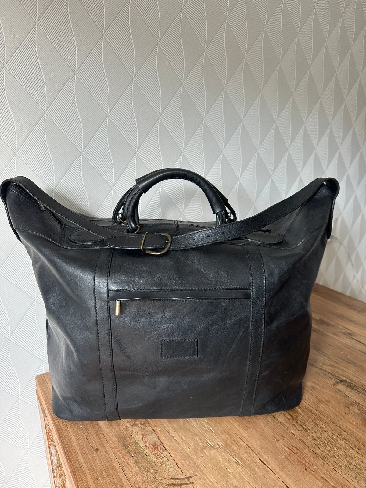 Vintage XXXL, uniseks, zwarte leren weekendtas / reistas, 40 tot 60 cm, 30 cm of meer, Gebruikt, Zwart