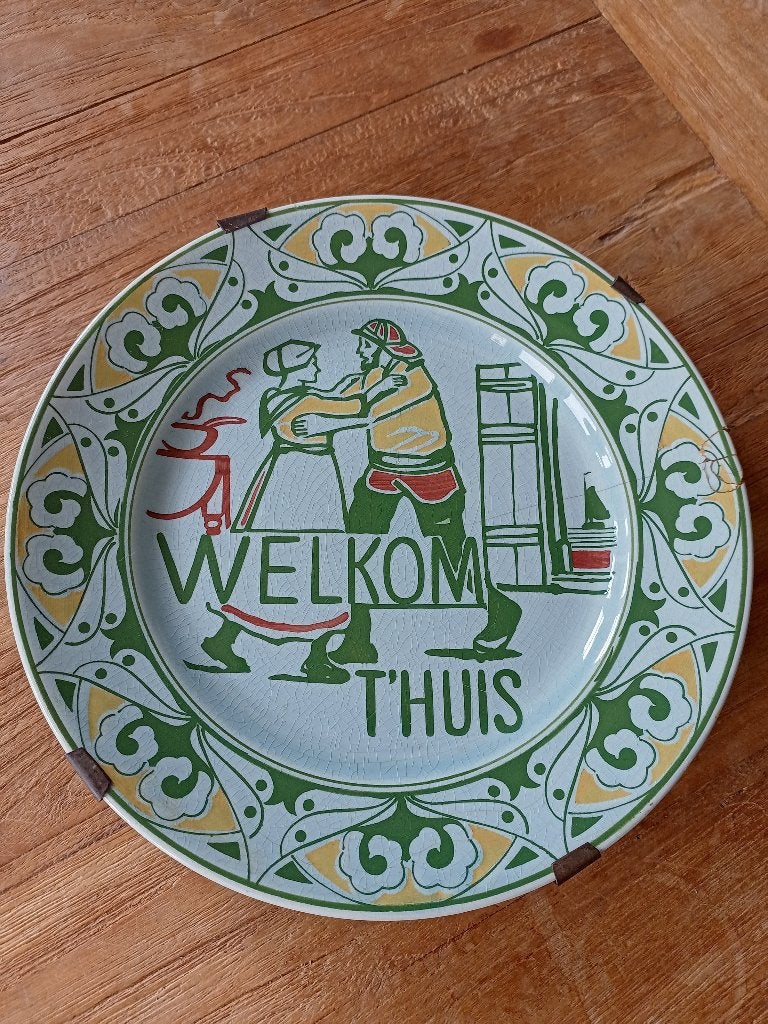 oud wandbordje Jugenstil Royal Bonn Welkom thuis, Ophalen of Verzenden