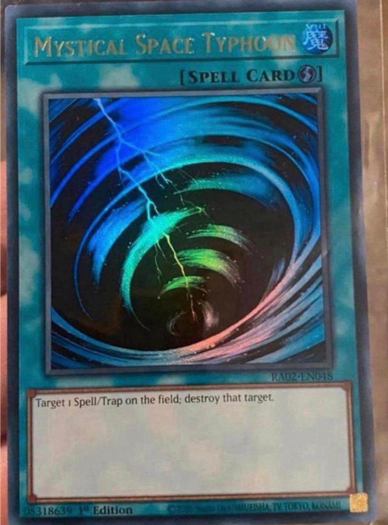 Yu-Gi-Oh! Mystical Space Typhoon RA02 1st Edition !, Ophalen of Verzenden, Zo goed als nieuw, Losse kaart, Foil