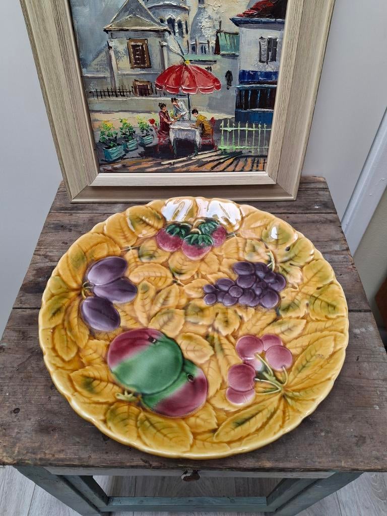 Groot Frans Majolica Sarreguemines Barbotine Fruitschaal, Antiek en Kunst, Curiosa en Brocante, Ophalen of Verzenden