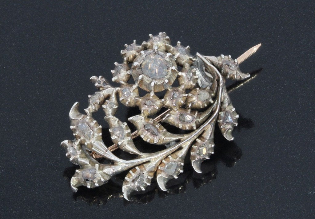 Diamanten antieke 14k gouden bloem broche tak zilver dames, Verzenden, Goud, Broche, Met edelsteen
