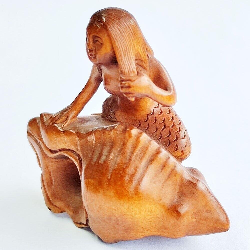 Erotische houten Netsuke - zeemeermin met schelp -Japan, Antiek en Kunst, Kunst | Niet-Westerse kunst, Hout, Bruin, Ophalen of Verzenden