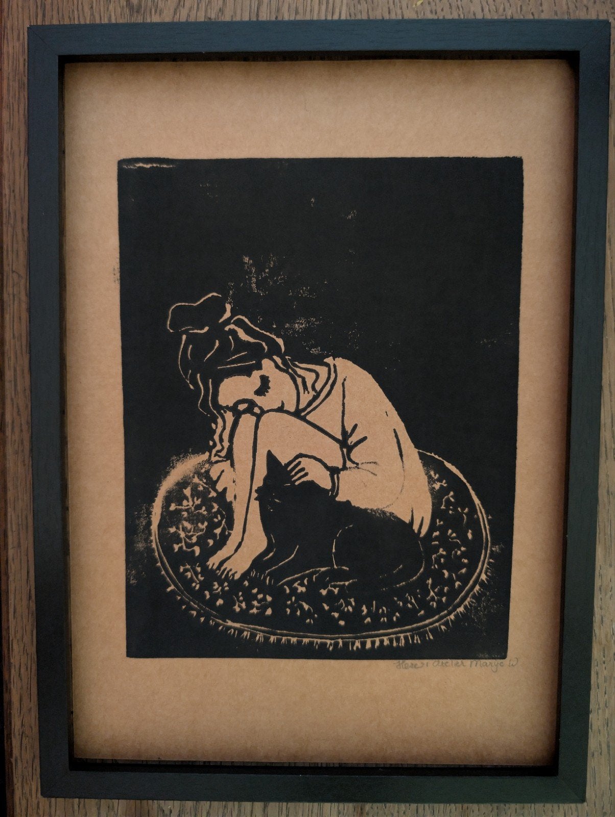 Linosnede linodruk vrouw & kat 'Here' Atelier Marije W., 2000 tot heden, Dagelijks leven, 30 cm, Overige technieken