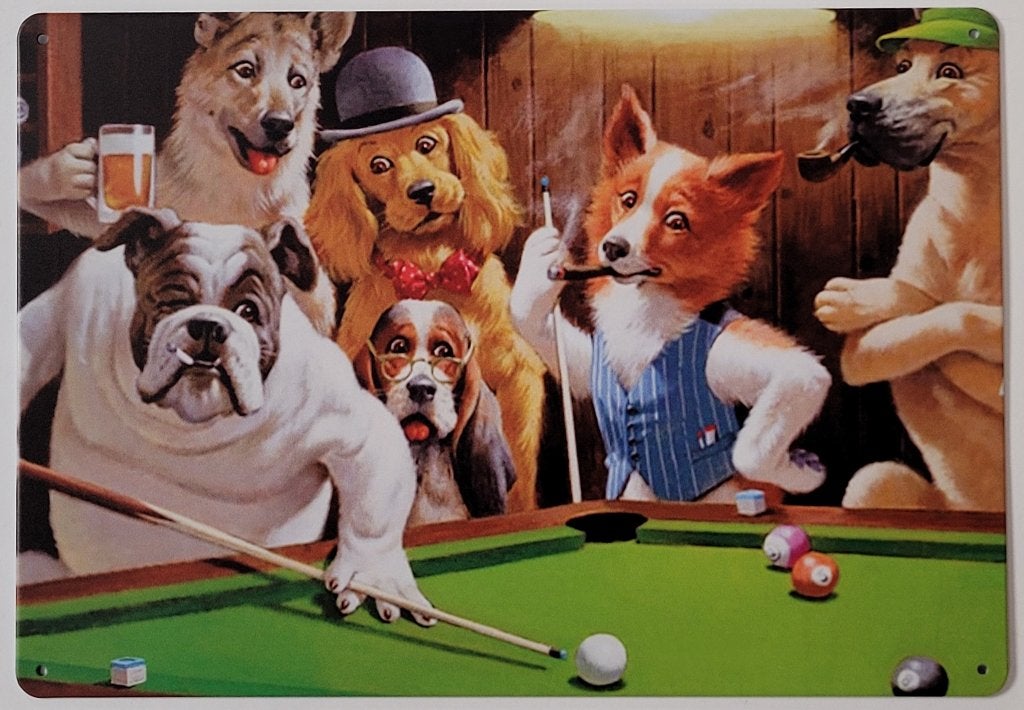 Honden spelen pool biljart reclamebord van metaal wandbord, Info@deconoord.nl, Deco Noord, Nieuw, Ophalen of Verzenden