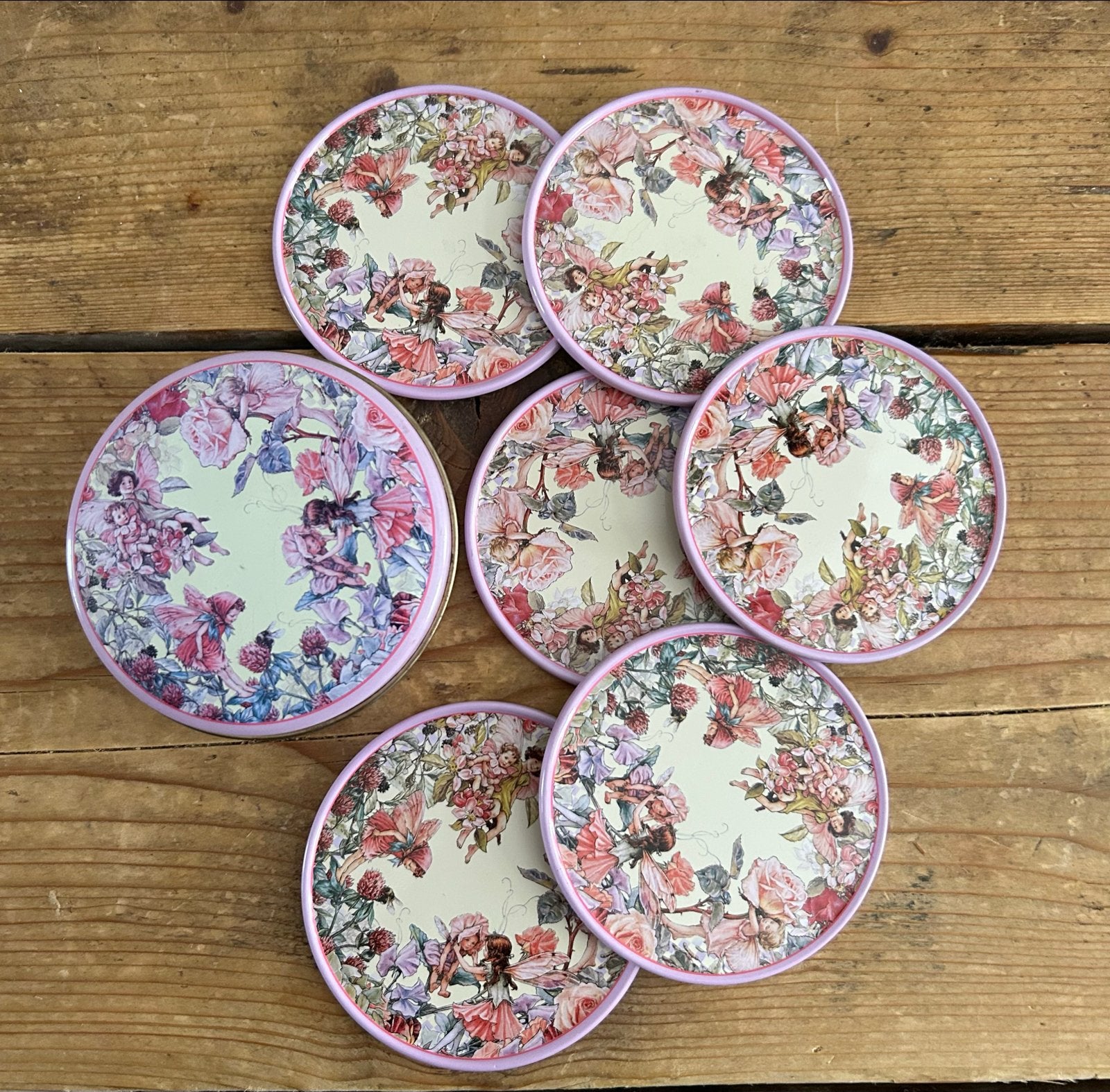 Set van 7 Onderzetters met Flower Fairy Design, Gebruikt, Glasonderzetter, Ophalen of Verzenden, Metaal