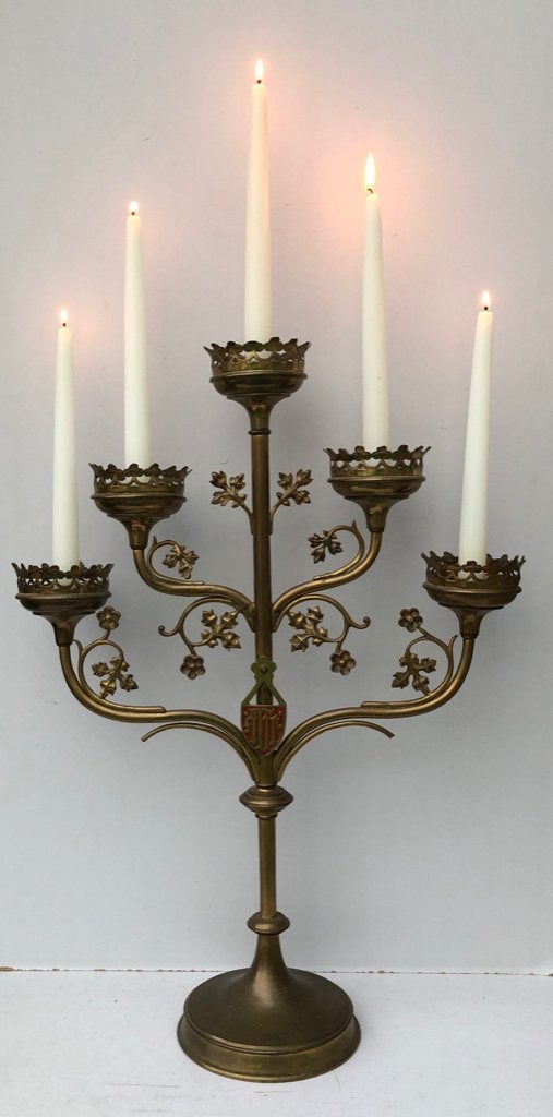 Antieke 5 armige neogotische Kerk Kandelaar, Ophalen of Verzenden, Koper of Brons