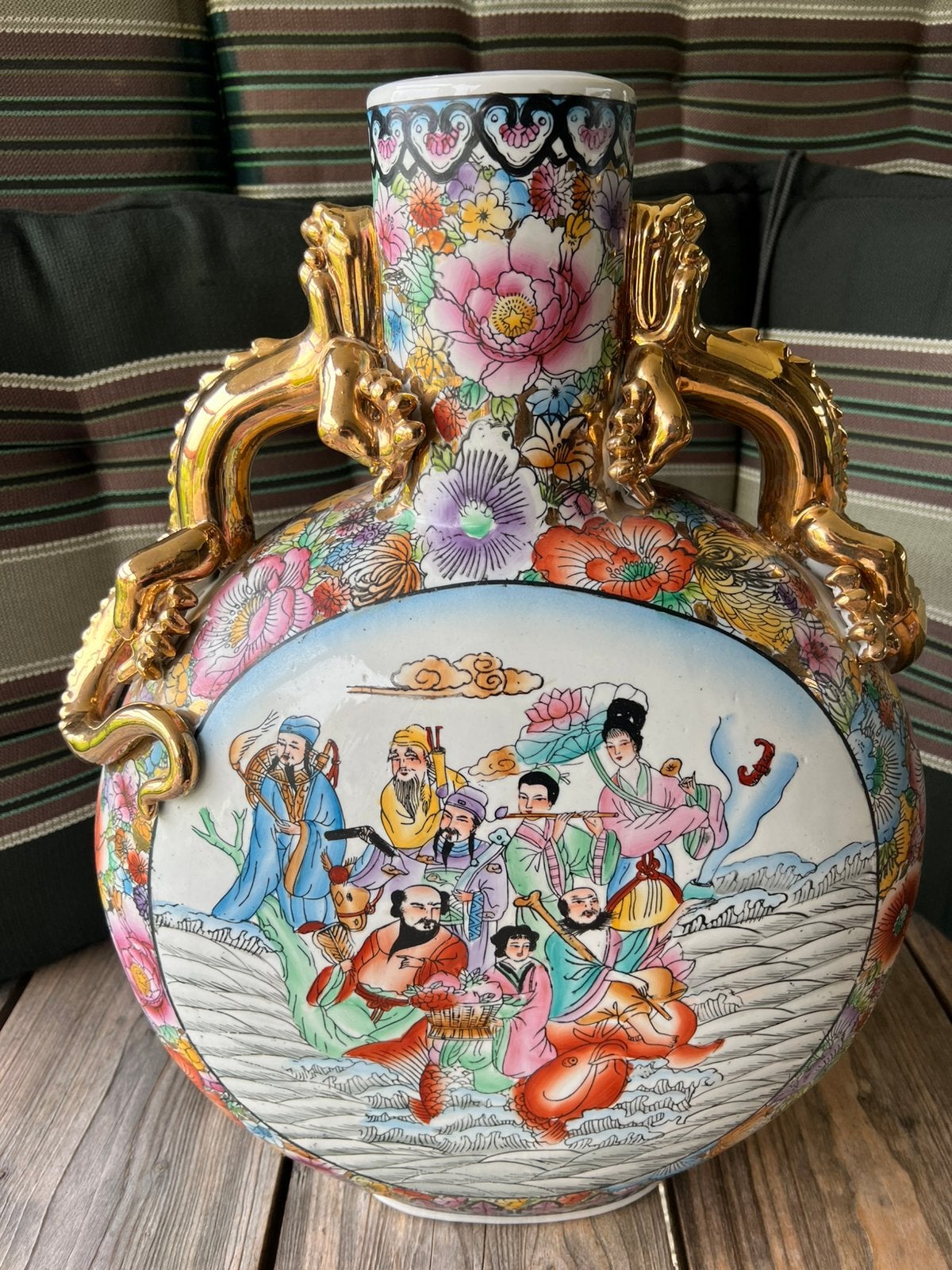 Handgeschilderd Grote Chinese Maanflesvaas met Gouden Draken, Antiek en Kunst, Ophalen