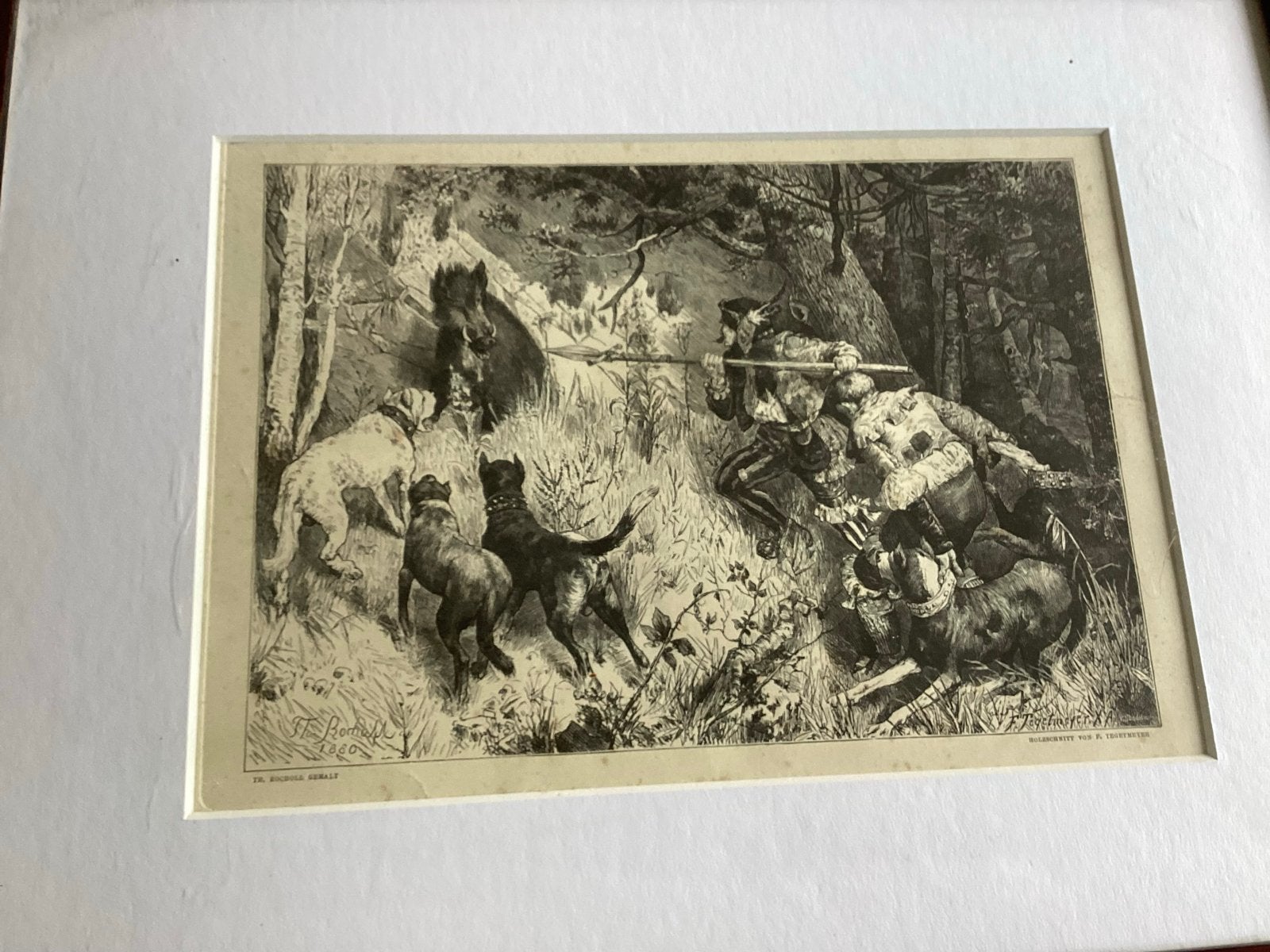 Antieke houtsnede: Jacht op wild zwijn met honden, Antiek en Kunst, Dagelijks leven, 1800 - 1899, Ophalen of Verzenden, Met passe-partout