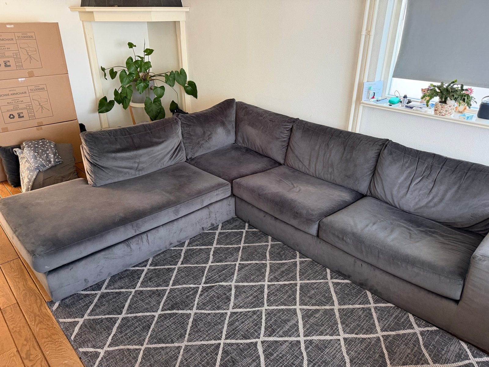 Grijze hoekbank met chaise longue en fauteuil, Gebruikt, Hoekbank, 300 cm of meer, Ophalen of Verzenden