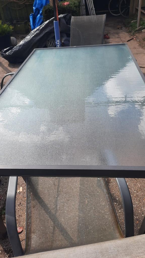 Glazen tuintafel met stoelen, Tuin en Terras, Tuintafels, Ophalen, Gebruikt, Rechthoekig, Aluminium