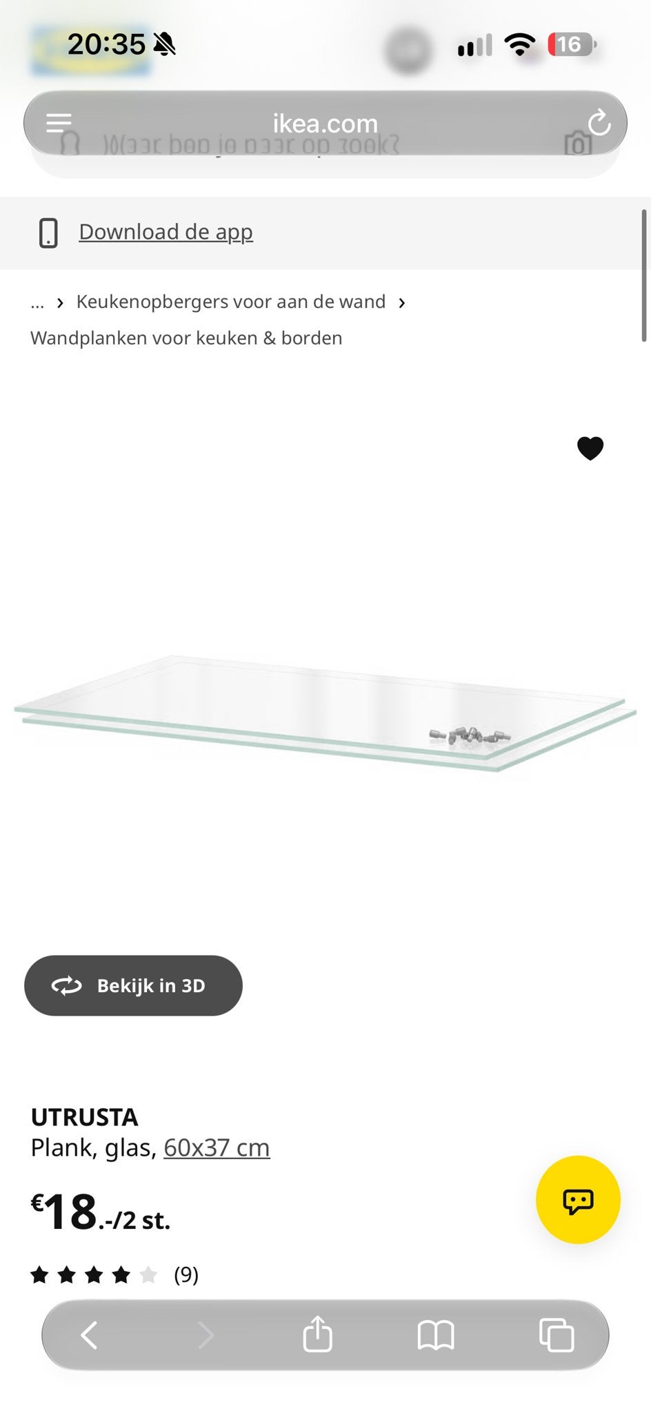 IKEA Utrusta glazen plank voor Metod kast (60x37 cm), Ophalen, Glas, IKEA, Nieuw