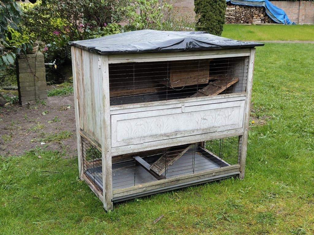 Konijnenhok met twee etages, hout en kunststof, Dieren en Toebehoren, Knaagdieren en Konijnen | Hokken en Kooien, Ophalen, 75 tot 110 cm