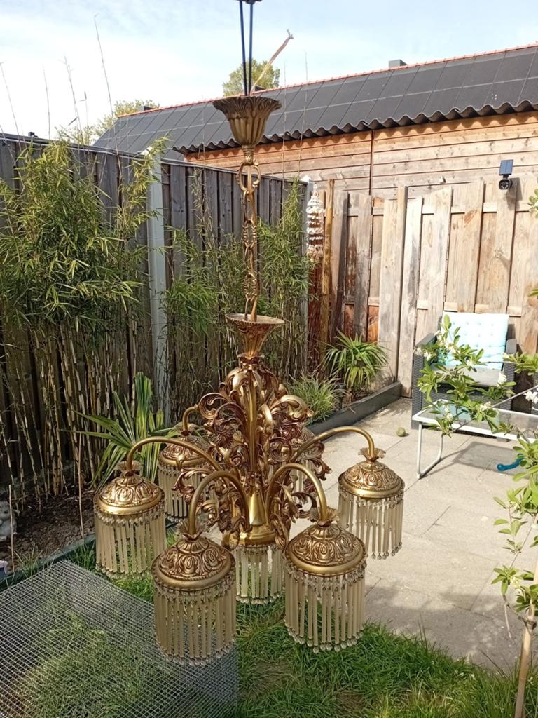 Grote gouden kroonluchter met 5 armen, Antiek en Kunst, Ophalen of Verzenden