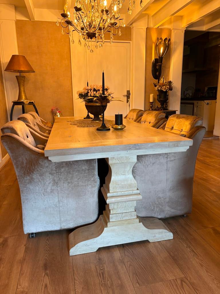 Landelijke eettafel en salontafel set - White wash, Ophalen, Gebruikt, Rechthoekig, 50 tot 100 cm