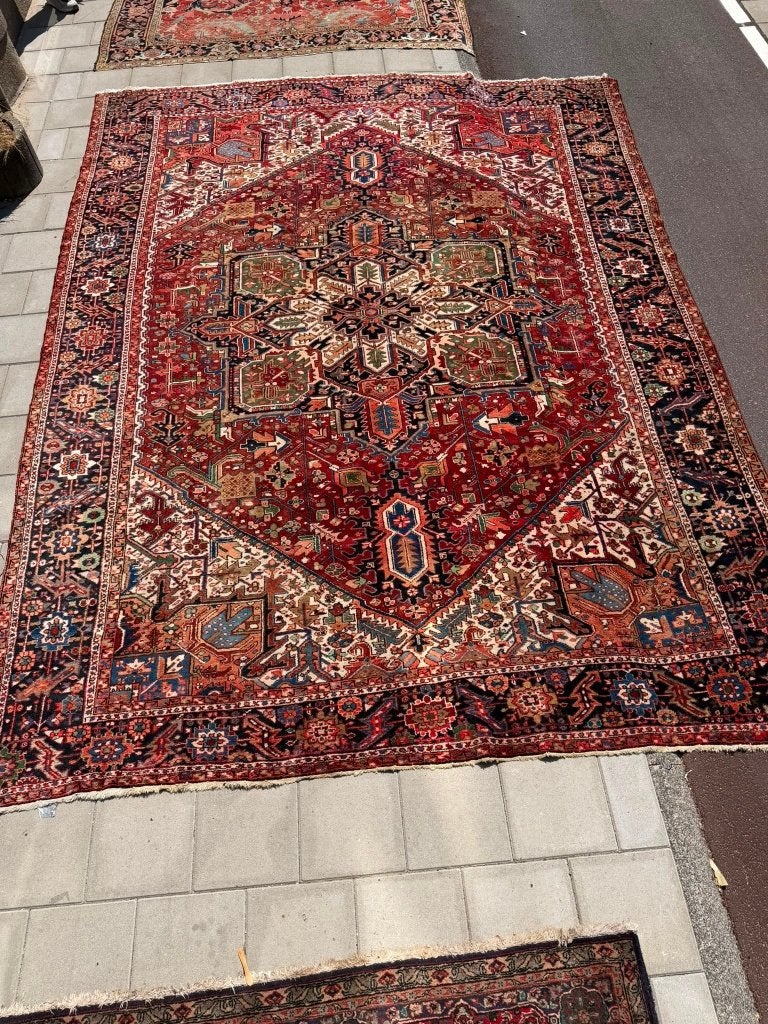 Heriz Perzisch Tapijt . 395x293cm . Handgeknoopt & Kleurrijk, Gebruikt, Crème, Wol, 200 cm of meer