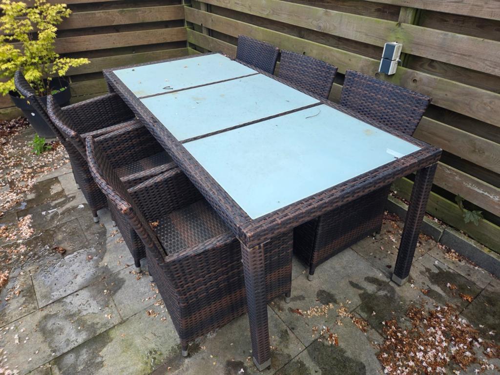 Tuinset met 6 stoelen en tafel - Goede staat, Tuin en Terras, Tuinsets en Loungesets, Gebruikt, 6 zitplaatsen, Ophalen of Verzenden