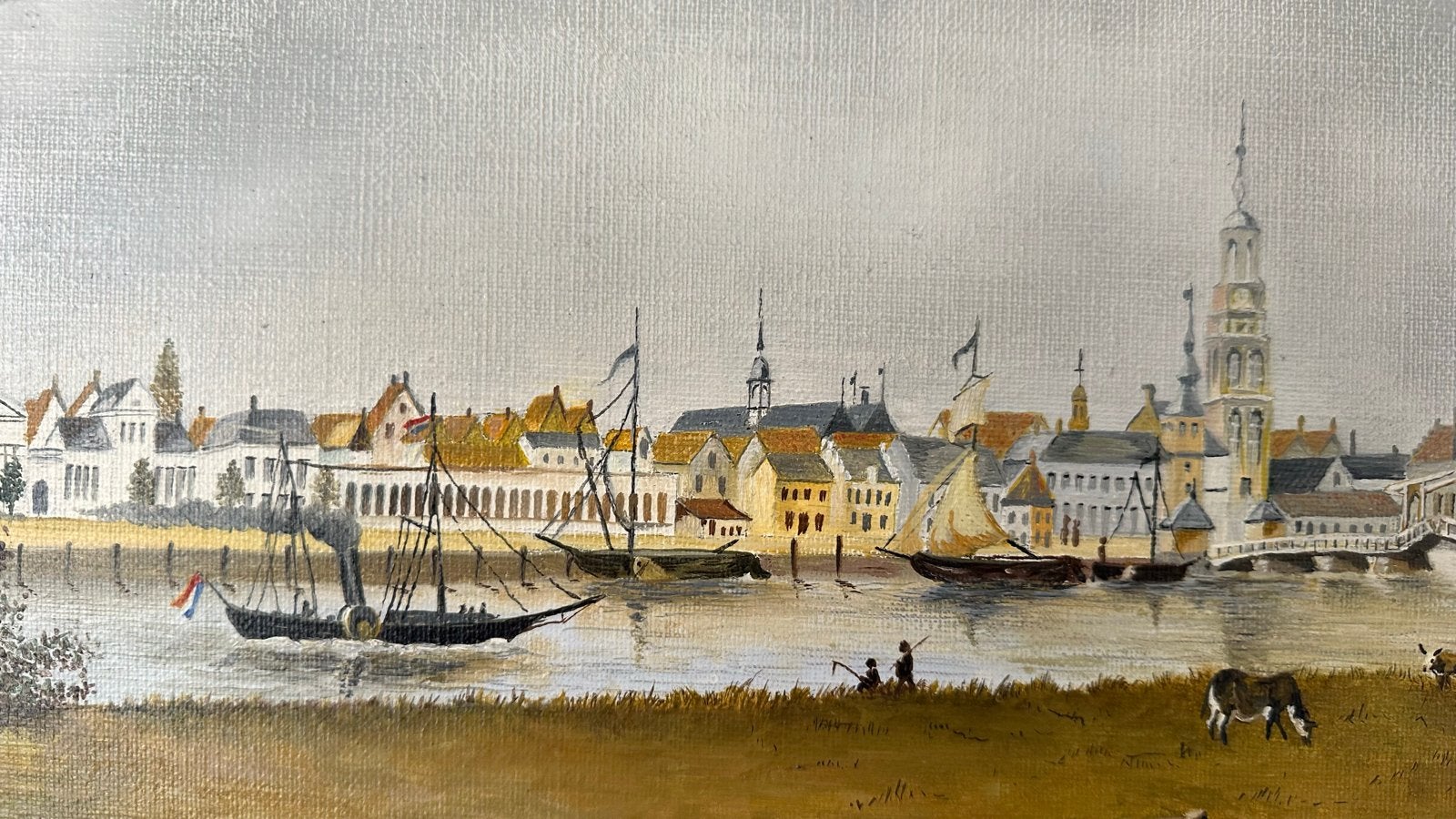 Olieverfschilderij Zicht op Kampen door Bert Nijholt, Antiek en Kunst, Kunst | Schilderijen | Klassiek, Ophalen