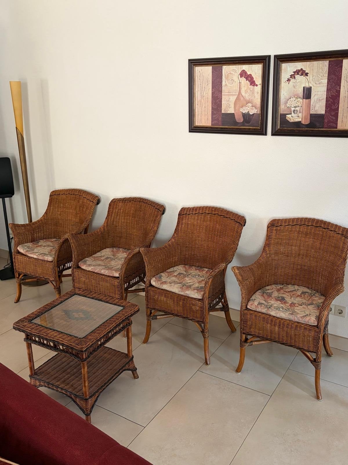Rotan stoelen set met salontafel - 4 stuks, Ophalen, Gebruikt, Bruin, Riet of Rotan