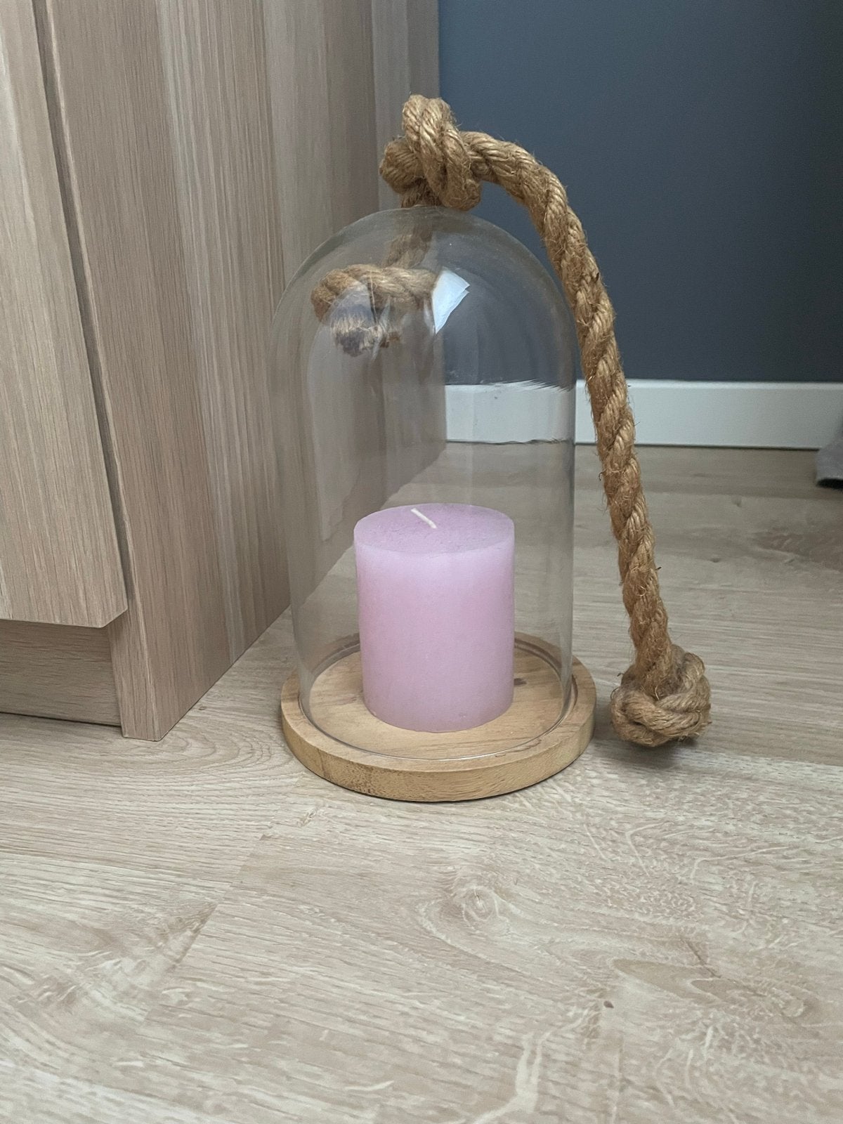 Glazen stolp met touw en kaars, Windlicht, Gebruikt, Meerkleurig, Ophalen of Verzenden