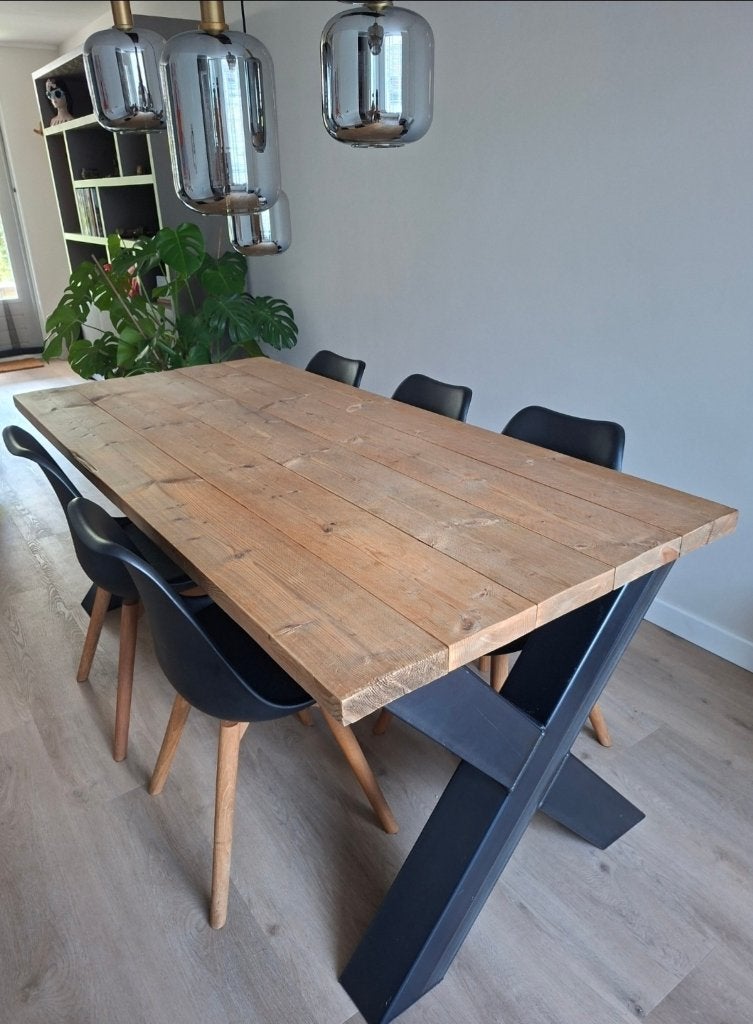 Steigerhouten eettafel, Ophalen, 50 tot 100 cm, Zo goed als nieuw, Vijf personen of meer